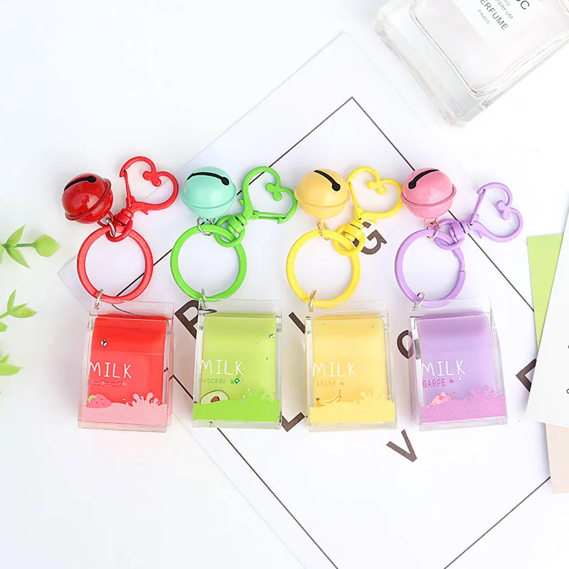 

2019 Fashion Acrylic Fruit Milk Box Keychains Moving Liquid keychain drift bottle Bag Pendant keyring Kids girls gift key holder
