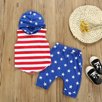 

Independence Day Boys Striped Star Vest Hooded T-shirt Shorts Two Piece Set Baby Boy Clothes Summer Outfit roupas