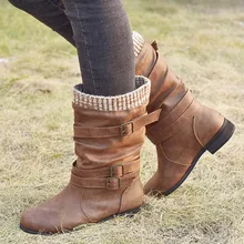 2020 kobiet w połowie skóra cielęca buty zimowe szerokie łydki pasek z klamrą Casual krótki but moda kobiece buty na niskim obcasie styl rzymski ciepły(China)