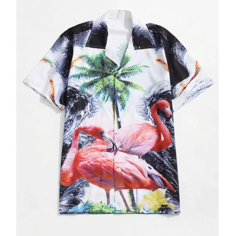 Мужская гавайская рубашка, лето, новинка, повседневная, приталенная, Camisa Masculina, фламинго/Плам, дерево, с принтом, короткий рукав, мужские пляжные рубашки - Цвет: 2