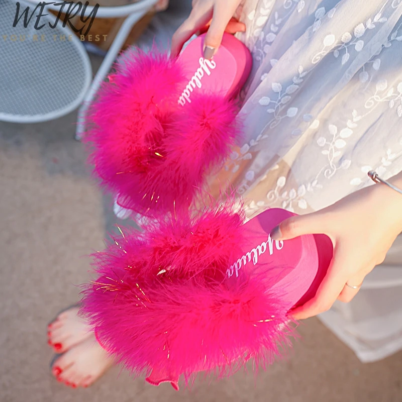 

2020 Hot Sale Fur Flat Shoes Women Fox Home Fluffy Sliders Comfort With Feathers Furry Summer Flats Sweet Ladies Shoes