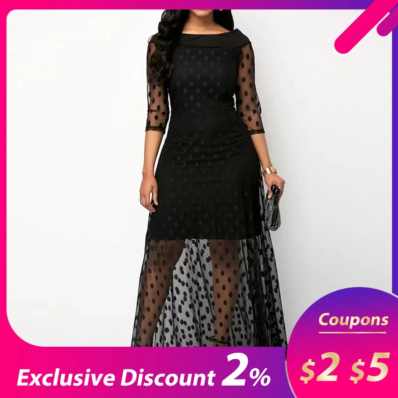 

Women Evening Party Date Retro Gothic Black Polka Dot Maxi Dress Office Lady Work See Through Mesh Extra Long Bodycon Dresses