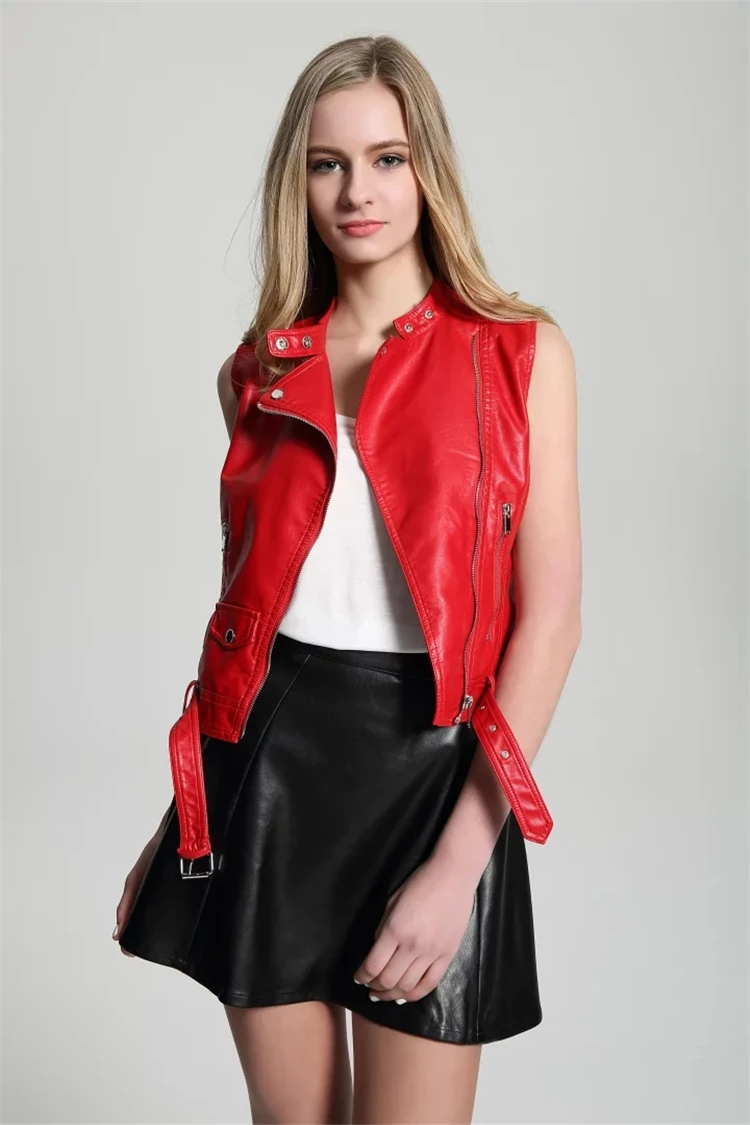Aelegantmis New Leather Vest Women Motorcycle Biker Sleeveless Jacket Red Black Female Waistcoat Cool Belt Streetwear Spring