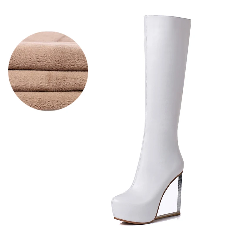 White short plush Ботинки из натуральной кожи на очень высоком каблуке с круглым носком; модная прозрачная обувь на танкетке 12 см; сезон весна-осень; Водонепроницаемая платформа - Цвет: White short plush
