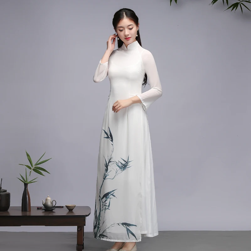 Вьетнамское платье аодай в китайском стиле ретро Феи Ципао Aodai Cheongsam женская одежда двойное платье азиатская одежда