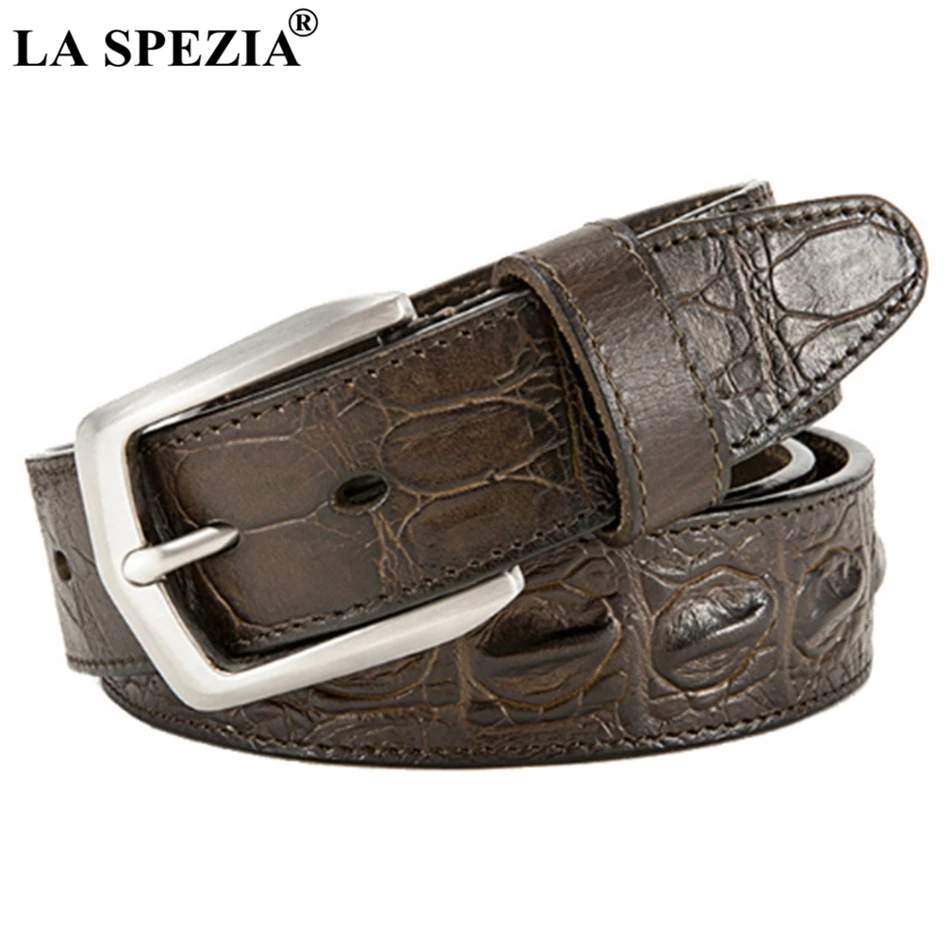 

LA SPEZIA Genuine Leather Belts for Men Luxury Pin Buckle Belt Male Business Army Green Crocodile Alligator Pattern Leather Belt