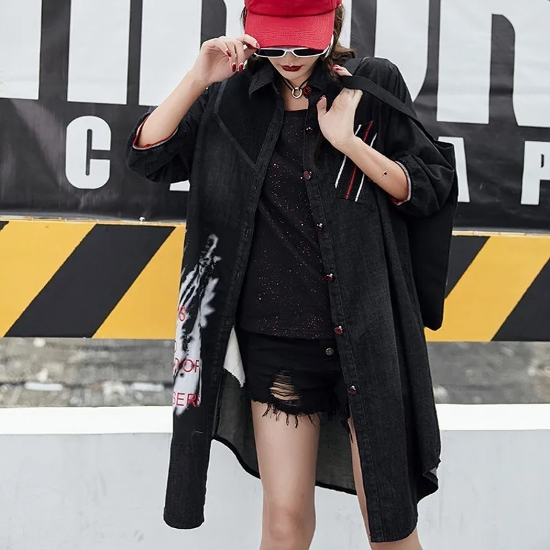 

Spring New Single Breasted Three Quarter Sleeve Womens Denim Shirts High Street Medium Length Printed Loose Female Trench Coats