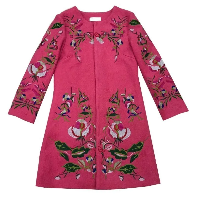 

Winter Women Ethnic Flower Embroidery Wool Blends Long Trench Coat Ladies Slim Fit Woolen Outwear Jackets Abrigo Mujer Overcoat
