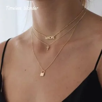 

Timeless Wonder Titanium Amore Cross Padlock Charms Chains Layered Necklace Women Jewelry Punk Initial Boho Gothic Trendy 2126