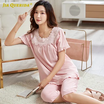 

Summer Solid New Pink Modal Pajamas Set Homesuit Homeclothes Fashion Style Casual Style Sleepwear Women Clothes Loungewear Women