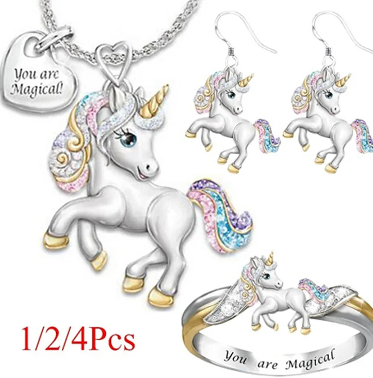 1/2 / 3Pcs Cute Rainbow Unicorn Jewelry Set Silver Color Children Necklace Ring Cartoon Animal Birthday Gift | Дом и сад