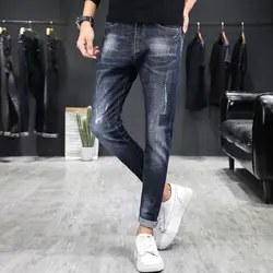 Высокое качество джинсы мужские прямые синие корейская мода Уличная Стиль состаренные облегающие джинсовые брюки дропшиппинг размера