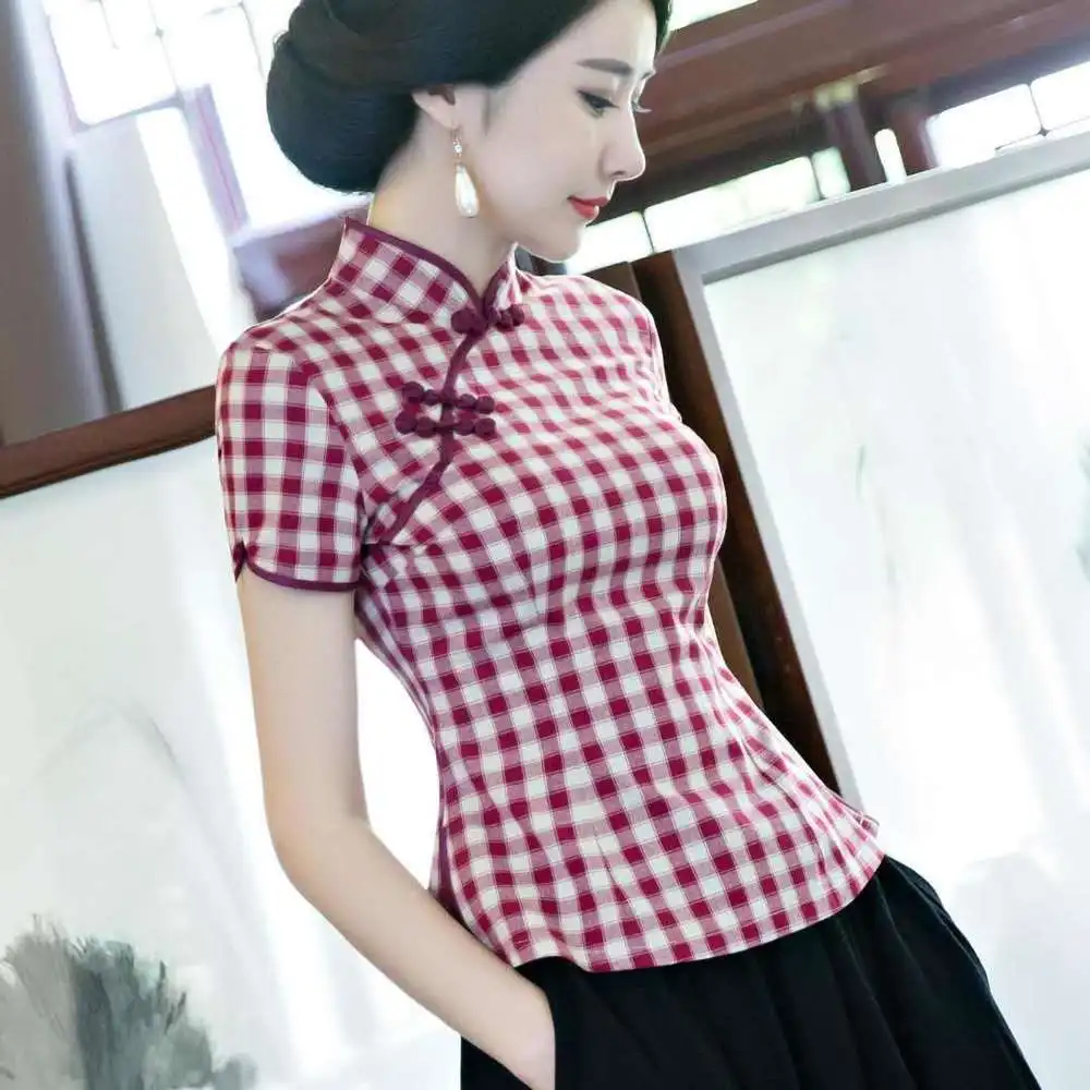 Oriental Plaid Women Plus Size Tangzhuang Lattice Chinesische Kleidung Traditional Chinese Shirts Chinois Cotton Cheongsam Tops