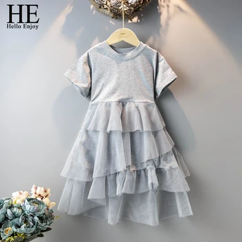 

HE Hello Enjoy Girls Dresses 2020 Summer Short Sleeve Mesh Layered Kids Party Clothes Casual Toddler Girl Princess Dresses