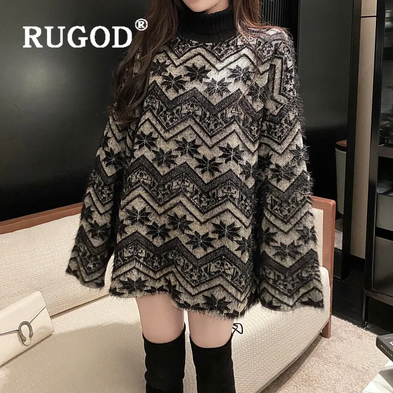 RUGOD модный жаккардовый переплетенный свитер с принтом для женщин на весну и зиму толстый длинный пуловер с воротником Свободный джемпер Pull femme