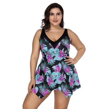 

Seluxu 2020 été femmes grande taille taille haute conservateur imprimer bretelles Swimsuit Dress Plus Size