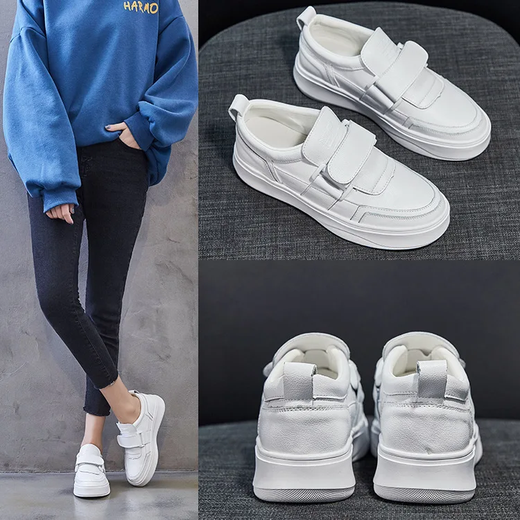 

Genuine Leather Hook-and-loop Closure White Shoes Children Spring And Autumn Versatile 2019 New Style Platform Shoes Thick Botto