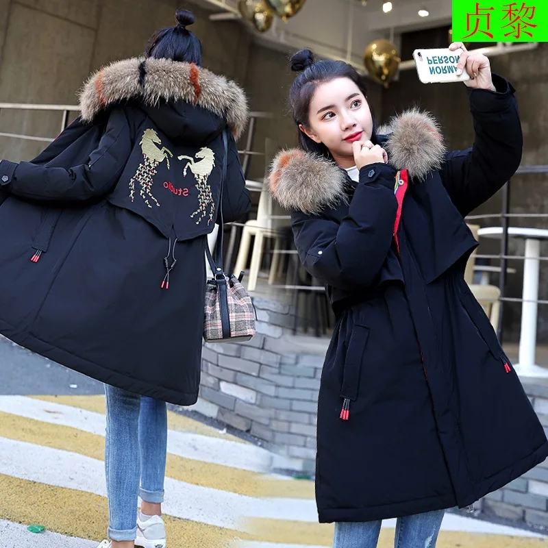 

2018 Winter New Style Loose-Fit BF Waist Hugging Cotton Coat Women's Mid-length Thick Cotton-padded Jacket Large Fur Collar CHIC
