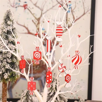 

3PCS/Lot DIY White&Red Christmas Tree Candy Wooden Pendants Ornaments For Home Xmas Tree Ornaments Kids Gifts Decorations