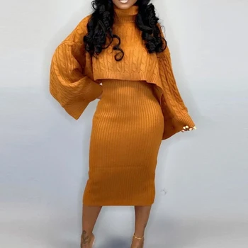 

Winter Sweater Dress Two Piece Sets Fashion Turtleneck Long Sleeve Sweater Top+Strap Midi Dress Knitted Outfits Women Solid 2PCS