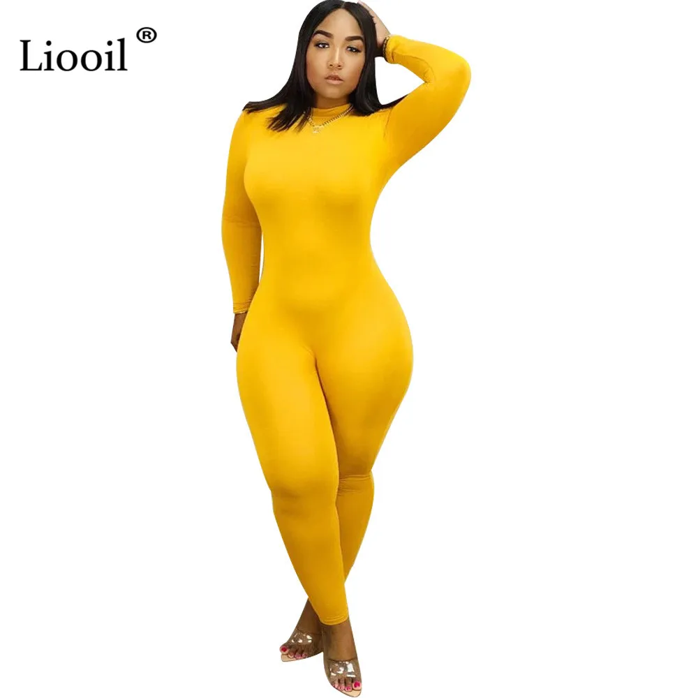 Liooil, черный сексуальный эластичный цельный Облегающий комбинезон, женская одежда, облегающие вечерние комбинезоны с длинным рукавом и круглым вырезом, женский комбинезон s