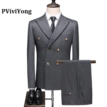 

PViviYong brand 2020 high quality suit men double-breasted grey stripe Business Suit Three-piece (Jackets + Vest + Pants) 6034