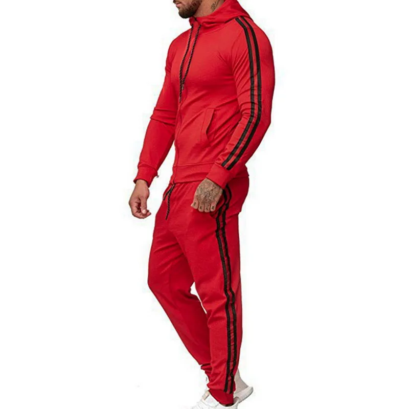 

2 PC Suit Striped Stitching Hooded Sportswear 2019 Men Autumn Long Sleeve Top Casual Zipper Drawstring Sweatpants Set Tracksuit