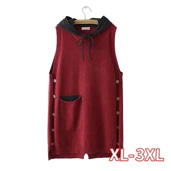 

Woman Casual Hooded Knitted Vests Women Spring Autumn Outerwear With Pockets Loose Plus Size Sleeveless Knitting Long Vest Tops