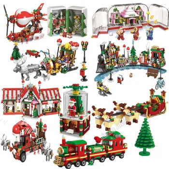 

Winter Village House Train City Creator Christmas Sets Balloon Santa Crystal Box Blocks Toys Kid Christmas