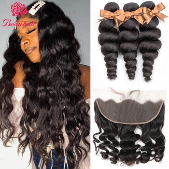 

Brazilian Human Hair Bundles Remy Hair Extensation Loose Wave and + Lace Frontal Pre-Plucked With Baby Hair For Women Beauhair