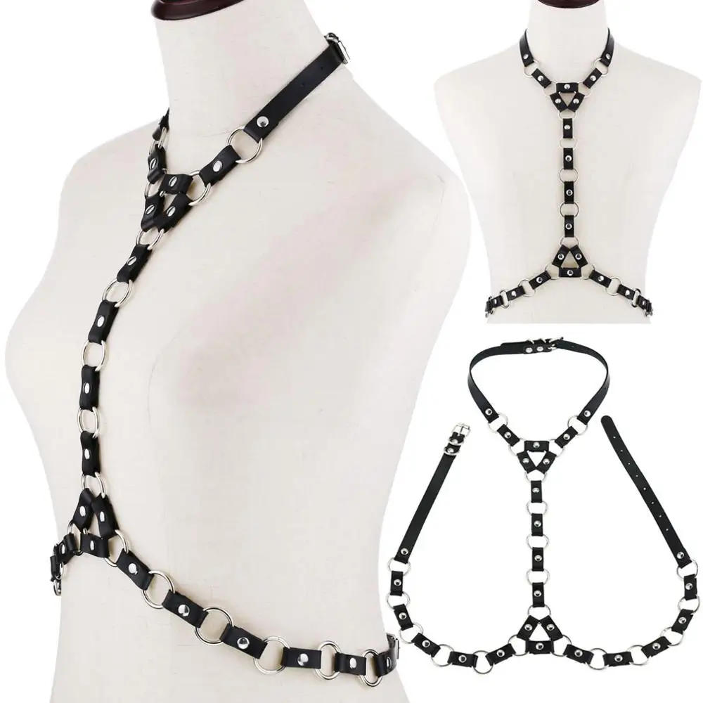 

Sexy Punk Body Mesh Leash Leather Harness Cage Straps Garter Belts Bondage Cosplay Waist Body Jewelry Women Men Gothic Necklace