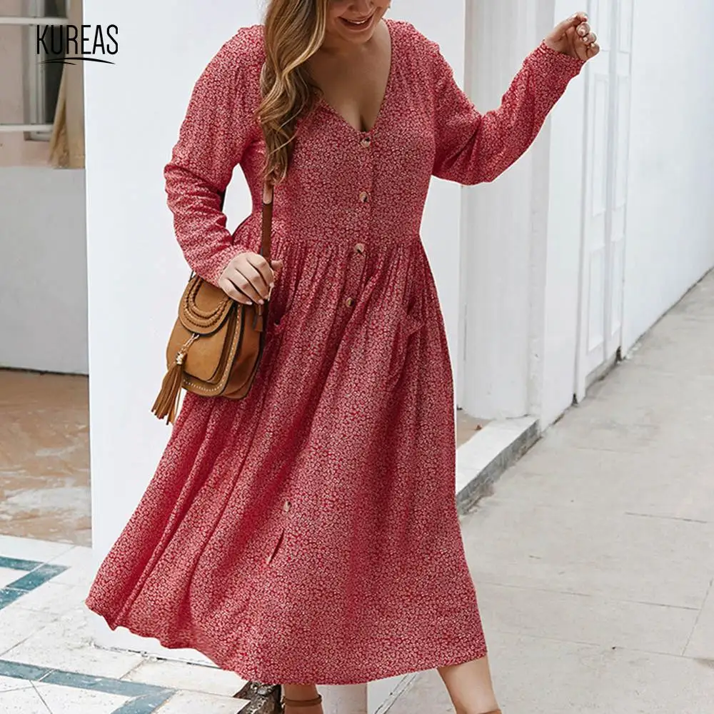 

Kureas Women Dresses Plus Size Fashion Floral Printed Dress Midi Long Sleeve Sexy V Neck Casual Single Breasted with Pocket 4XL