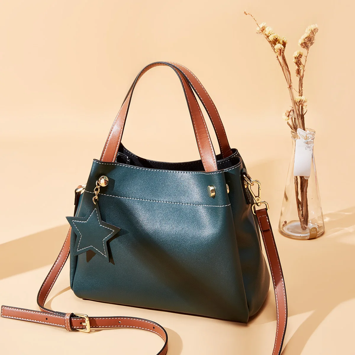 

New Style WOMEN'S Leather Bags Western Style Bucket Bag Cowhide Portable Shoulder Bag Shoulder Large-Volume WOMEN'S Bag