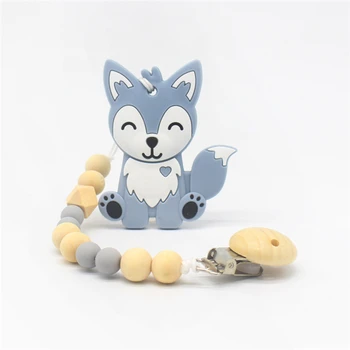 

New Style Silicone Fox Teething Pendant Wood Pacifier Clip Chain Fox Teether Teething Toys Baby Teething Accessory Dental Care
