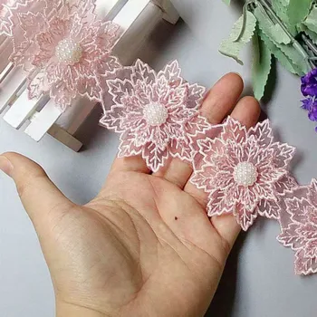 

10x Pink Pearl Handmade Beaded Flower Embroidered Lace Edge Trim Ribbon Double Layered Applique Dress DIY Sewing Craft 6cm New