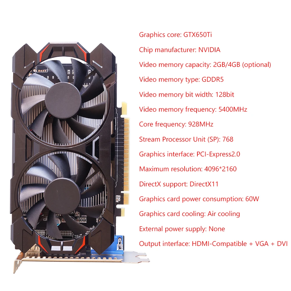 GTX650Ti 2/4G 128bit GDDR5 NVIDIA Low-Noise Desktop Computer Graphic Card PCI-Express 2.0 Gaming Video with Dual Cooling Fan