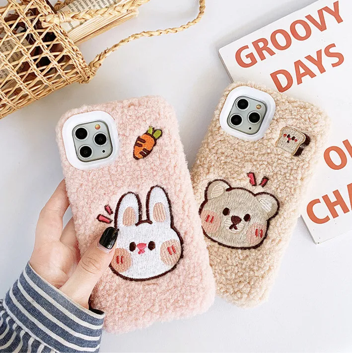 Роскошный теплый плюшевый чехол Gimfun с вышивкой для Iphone 11 Pro Max, мягкий ТПУ чехол с мультяшным кроликом медведем для Iphone Xr Xs Max 8 67 Plus