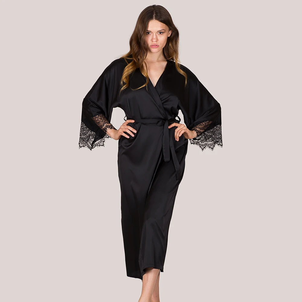 Кружевное ночное белье в стиле пэчворк, Атласный халат с длинным рукавом, халат подружки невесты, Женский банный халат размера плюс, пеньюар, женский сексуальный халат D30 - Цвет: Черный