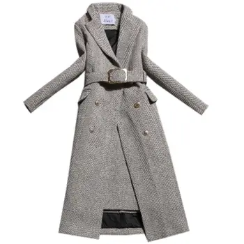 

two piece sets women plaid double breasted woolen coat+high waist pencil skirt