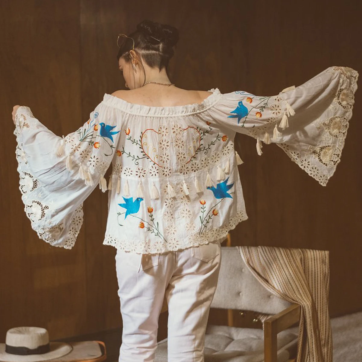 Jastie Sexy Off-shoulder Top Vintage Embroidery