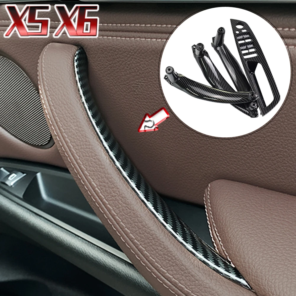 For BMW E70 E71 E72 X5 X6 2007 - 2013 2014 Carbon Fiber Car Interior Door Armrest Handle Inner Panel Pull Trim Cover Left Right car steering wheel