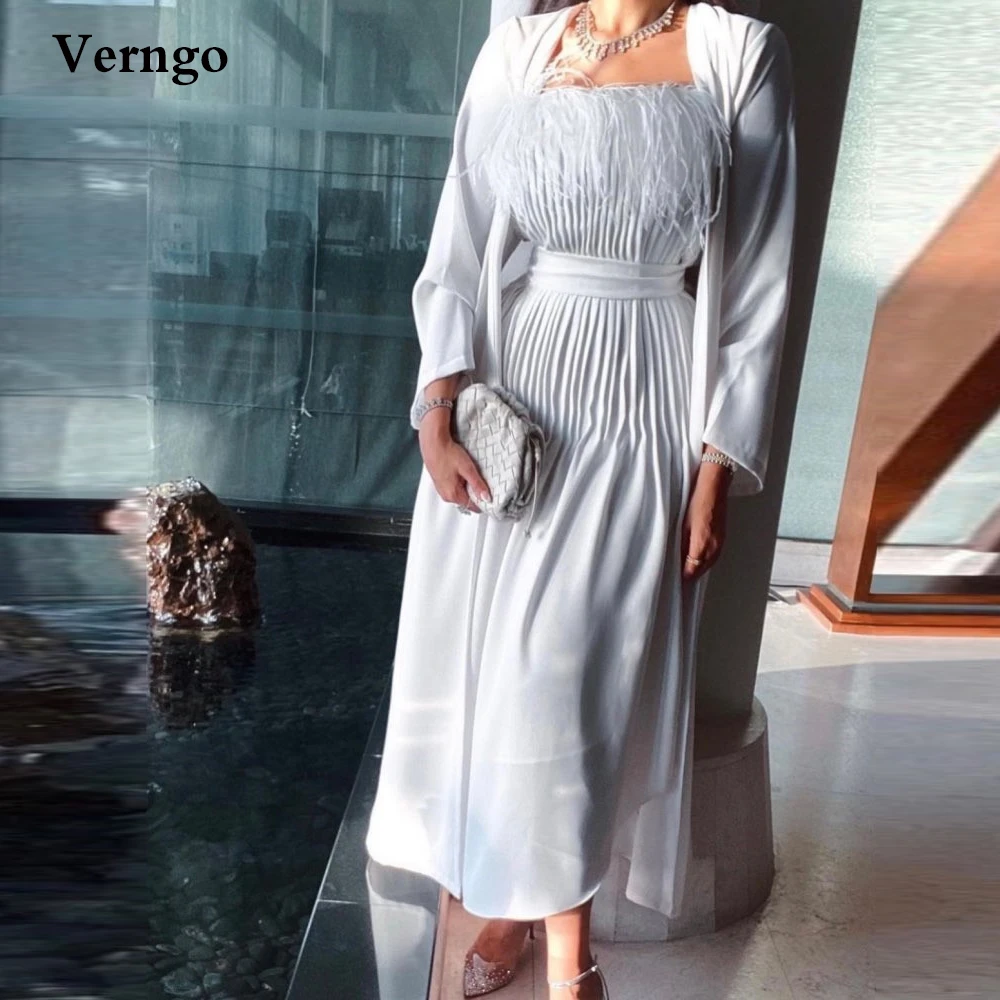 Verngo Modest Chiffon Ankle Length Evening Dresses With Jacket Long Sleeves Feather Neck Draped Mother Formal Party Prom Dress cute prom dresses