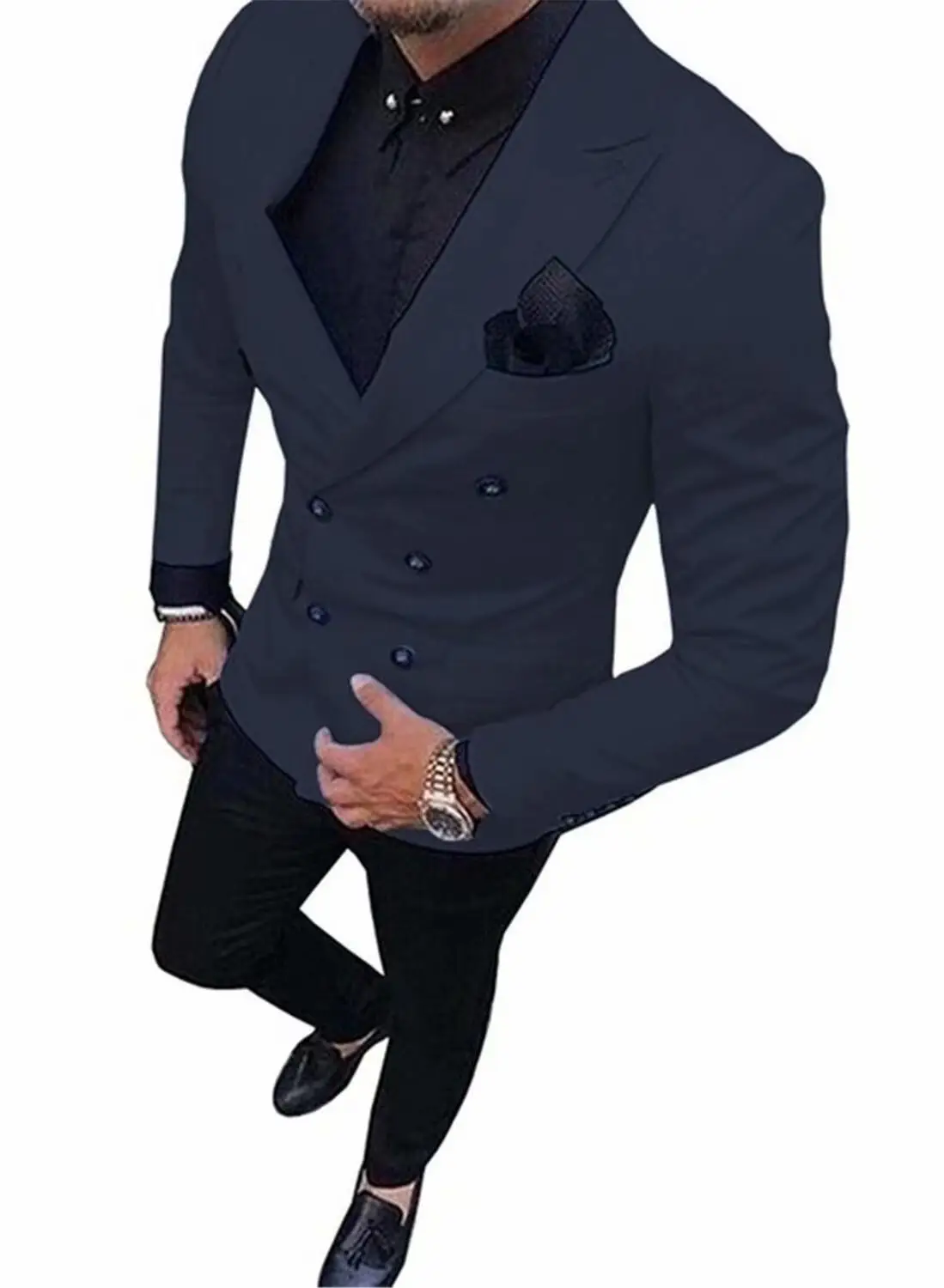Navy Blue Новинка, зеленый мужской костюм, двубортный костюм из 2 предметов, блейзер с отворотом, пиджак, смокинг и брюки для свадьбы, вечерние - Цвет: Navy Blue