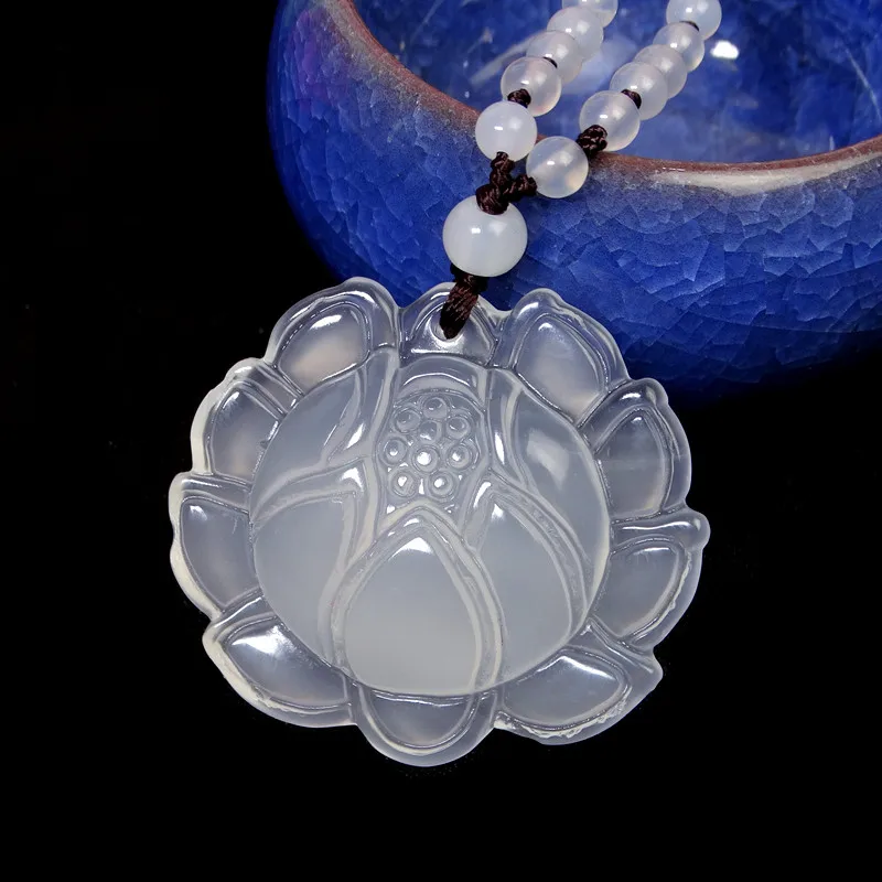 

Drop ship Ice White Agate Pendant Lotus Pendant Necklace Jewelry Women Lotus Necklace Pendant Jade Jewelry