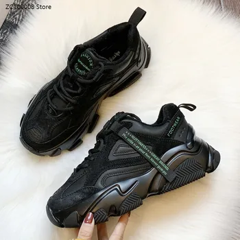 

2020 Women's Chunky Sneakers Fashion Platform Mesh Brand Women Casual Shoes Tennis Female Comfor Black Woman Vulcanized Shoes