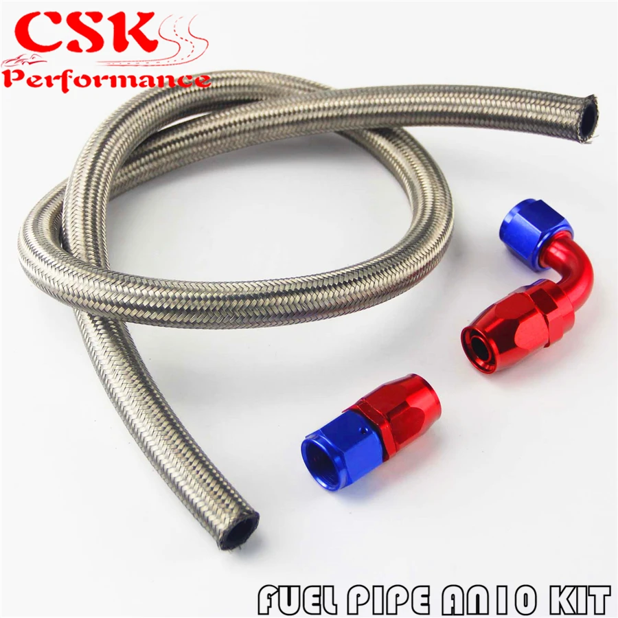 1M 3FT AN10 Stainess Nylon Steel Braided Oil Fuel Line + 90 Deg & 0 Deg