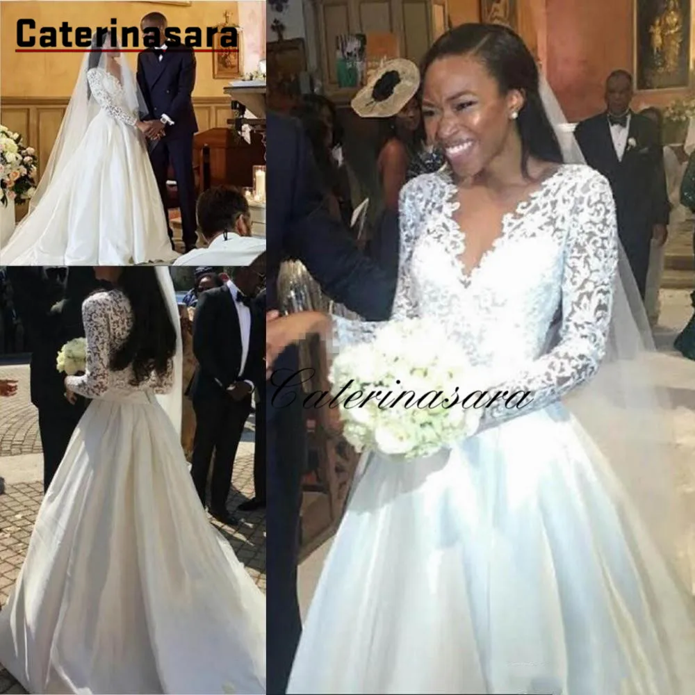 

African Sexy Lace Long Sleeves A Line Wedding Dresses for Black Girls Satin V Neck Bridal Gown Robe de soriee Vestidos