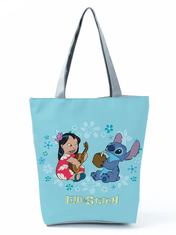 Disney Lilo Stitch Cute Cartoon Printed Handbag High Capacity Eco Reusable Shoppaing Bag Blue Starry Sky Travel Beach Tote Bag 