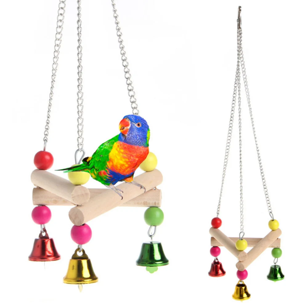 1PCS Creative Wooden Stand Pet Bird Hanging Swing Toy Bird Cage Pendant With Bell