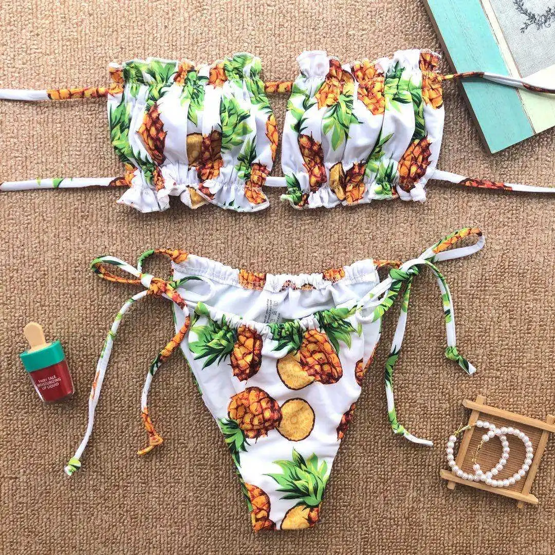 2020 Pineapple Print Strapless Bikini Female Swimsuit Women Swimwear Two-pieces Bikini set Bandeau Bather Bathing Suit V2412